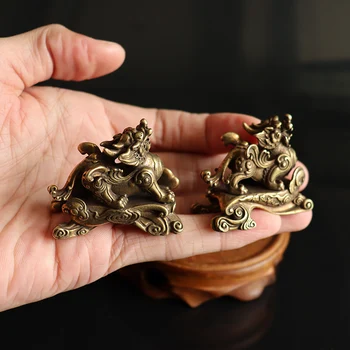 Antikvariniai Bronzos Kinijos Mitinis Žvėris, Statula Mažų Ornamentais Derliaus Vario 1 Pora Pasisekė Pixiu Sumos Stalo Dekoracijas Arbatos Augintiniai