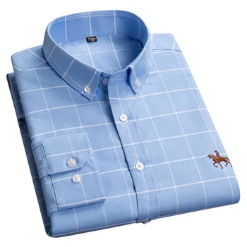 AOLIWEN naujas medvilnės oksfordo mėlynos spalvos pledas ilgomis rankovėmis marškinėliai vyrams madinga verslo, laisvalaikio drabužiai, atsparus orui slim fit marškinėliai