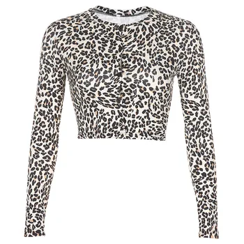 ArtSu Mados Leopard Print Long Sleeve T shirt Moterims Topai Slim Mygtukai Atsitiktinis Derliaus Viršuje Tee Pagrindinio Rudenį Marškinėlius Naujas TS52226