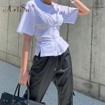 ArtSu Vientisos Baltos Elegantiškos Mados Atsitiktinis Moterų Marškinėliai Vasaros Korėjos Stiliaus Streetwear Krūtinėmis, Komplektai, Trumpomis Rankovėmis Marškinėlius 2020 M.
