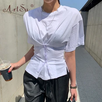 ArtSu Vientisos Baltos Elegantiškos Mados Atsitiktinis Moterų Marškinėliai Vasaros Korėjos Stiliaus Streetwear Krūtinėmis, Komplektai, Trumpomis Rankovėmis Marškinėlius 2020 M.