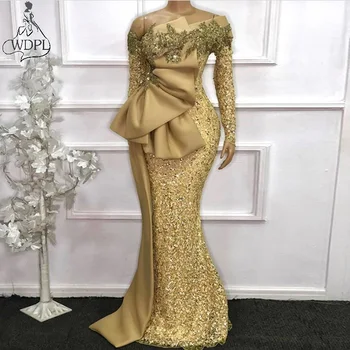 Aso Ebi Aukso Undinė Vakaro Suknelės Ilgomis Rankovėmis Nėrinių Appliques Susiėmę Nigerija Arabų Oficialų Suknelė 2020 Prom Chalatai, Plius Dydis