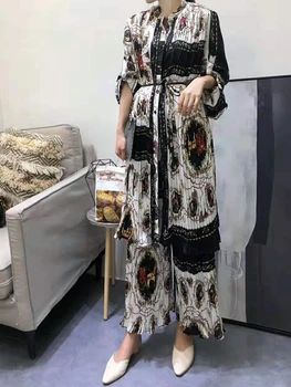 Atsitiktinis Šifono Išspausdintas Ponios Plisuotos Suknelė + Platus Kojų Kelnės Nustatyti 2020 m. Naujų Moterų Vasaros suknelės + Kelnės 2-piece Set XL