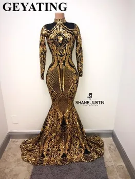 Aukso Ir Juodos Spalvos Ilgomis Rankovėmis Undinė Juoda Mergina Prom Dresses 2020 Elegantiškas Aukšto Kaklo Afrikos Oficialų Vakare Chalatai Baigimo Suknelė