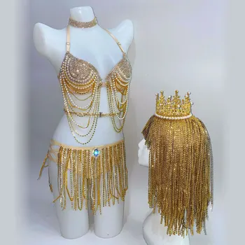Aukso kalnų krištolas kutas bikini kostiumas juosta naktiniame klube DJ, GOGO šokių etapo rezultatus apranga festivalis rave karūna perukas