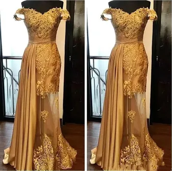 Aukso Musulmonų Vakaro Suknelės Undinė Nuo Peties Nėrinių Zawalcowany Islamo Dubajus, Saudo Arabų Ilgai Oficialų Vakare Gown Prom