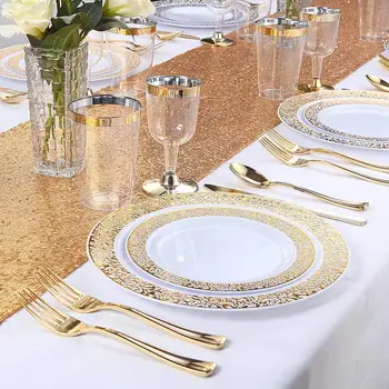 Aukso Plastiko Vyno taurė/Vyno Taures -Aišku, Elegantiškas Vienkartiniai Puodeliai su Aukso Ratlankis - Patvarus Šalis Vestuvių Plastikinių Puodelių-25Pack