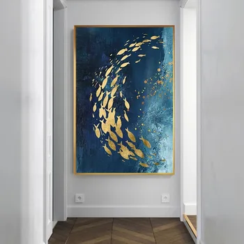 Aukso Žuvys Abstrakčios Drobės Tapybos Big Blue Plakato spauda Kinijos Prabangus Sienos Meno Kambarį Eilėje Aukso Tableaux Nuotrauką