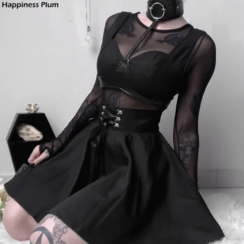 Aukštos Juosmens Klostuotas Mini Sijonai Moterims Gothic Punk Juoda Nėrinių Sijonas Atsitiktinis, Kietas Streetwear Feminina-line Šalies Sijonas