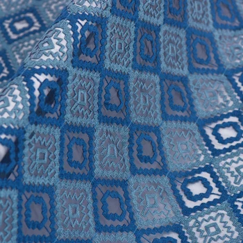 Aukštos klasės geometrinis ramioje mėlyna neto siūlai, siuvinėjimo nėrinių audinio suknelė, siuvinėta audiniai telas tissus as metrų tissu costura