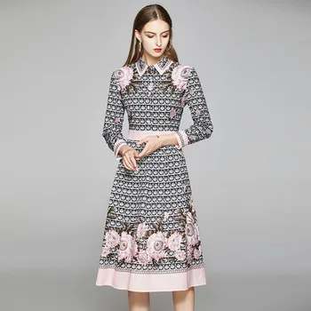 Aukštos kokybės 2020 m. vasarą Dizaineris Suknelė Moterų ilgomis Rankovėmis Turn-žemyn Apykaklės Spausdinti Suknelė