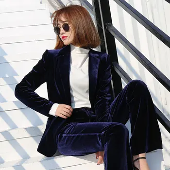 Aukštos Kokybės 2020 Naujus Velvet Moterų Švarkas Juodas) Blue (Mėlynas, Elegantiškas Lady Sportiniai Kostiumai Plius Dydis-Ilgomis Rankovėmis Slim Office Kostiumas Striukės