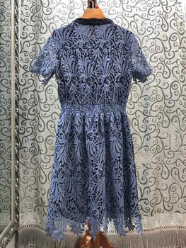 Aukštos Kokybės Džinsinio Audinio Suknelė 2020 Metų Vasaros Atsitiktinis Moterų Tuščiaviduriai Iš Nėrinių Siuvinėjimo Kratinys Trumpomis Rankovėmis Tamsiai Mėlyna Džinsus, Suknelę, Ponios