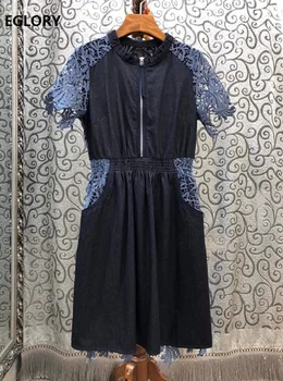 Aukštos Kokybės Džinsinio Audinio Suknelė 2020 Metų Vasaros Atsitiktinis Moterų Tuščiaviduriai Iš Nėrinių Siuvinėjimo Kratinys Trumpomis Rankovėmis Tamsiai Mėlyna Džinsus, Suknelę, Ponios