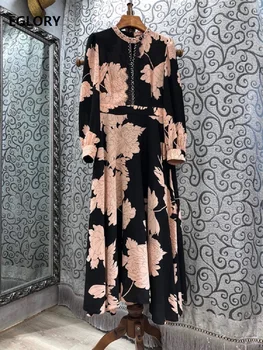 Aukštos Kokybės Naujas Tako Suknelė 2021 M. Pavasarį Moterys Stovėti Kaklo Kristalų Duobute Deco Ilgomis Rankovėmis Didelis Sūpynės Atsitiktinis Vintage Suknelė