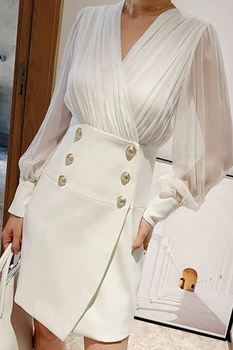 Aukštos kokybės OLIS elegantiškas v-kaklo bodycon mini suknelė mygtukai perspektyvos žibintų rankovės kratinys slim suknelės baltos, juodos y636