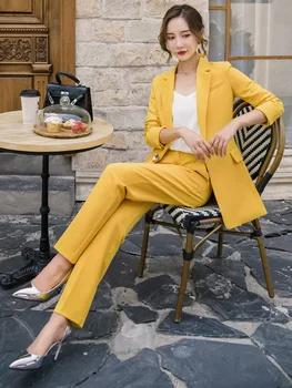Aukštos kokybės ponios geltona kostiumas 2019 m. rudens mados profesinės kelnės kostiumas didelio dydžio Plonas ilgas švarkas Moterų kostiumas, dviejų dalių