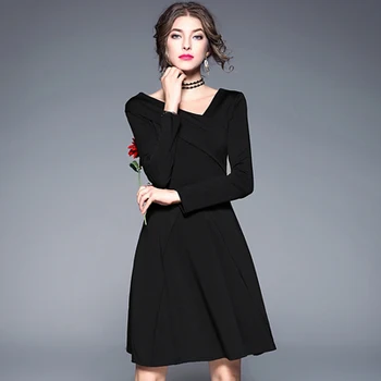 Aukštos kokybės rudenį, pavasarį Retro Hepburn stiliaus V-kaklo, ilgomis rankovėmis streetwear prekės ženklo moterys moterys Juoda suknelė nuožulnios pečių