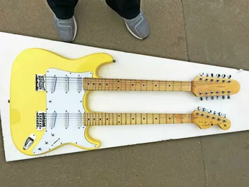 Aukščiausios kokybės FPDN-0010 geltona spalva kieto kūno klevas fretboard 6/12 stygos Dvigubas kaklo elektrinė gitara, Nemokamas pristatymas