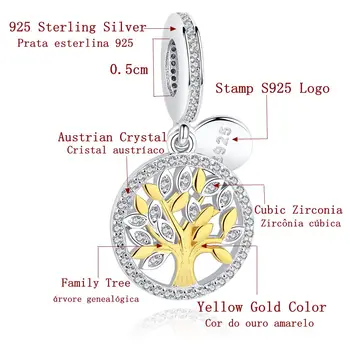 Autentiškas 925 Sterlingas Sidabro Žavesio Šviesos Aukso Šeimos Medis Žavesio Karoliukai Tinka Originalios Apyrankės Pakabukas 