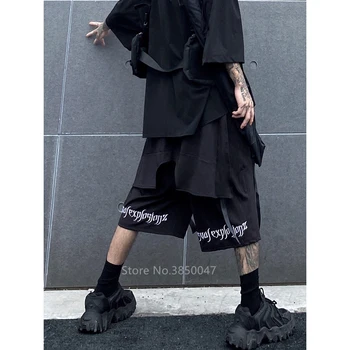 Azijos Japonijos Mados Gothic Black Vyrų Siuvinėjimo Mados Kimono Streetwear Atsitiktinis Šortai Padalinta Tvarstis Juoda Padalinta Kelnes Haori