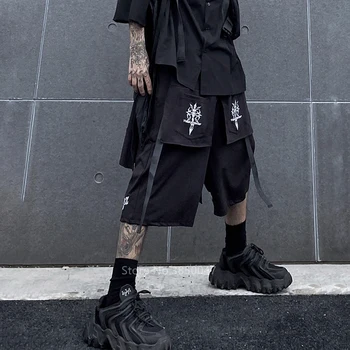 Azijos Japonijos Mados Gothic Black Vyrų Siuvinėjimo Mados Kimono Streetwear Atsitiktinis Šortai Padalinta Tvarstis Juoda Padalinta Kelnes Haori