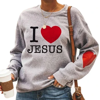 Aš Myliu Jėzaus Širdies Spausdinti ilgomis Rankovėmis Megztinis Moterų Atsitiktinis Marškinėlius Apvalios Kaklo Megztinis Viršuje J55