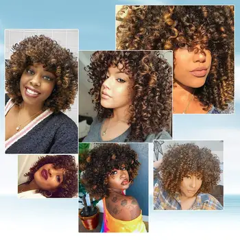 Aš tai perukas Sintetinis Afro Keistą Garbanoti Perukai Moterims, Sumaišyti Rudas Juodas Trumpas Perukas su Kirpčiukais Aukštos Temperatūros Natūralių Plaukų