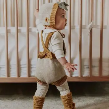 Baby Baby Girl Mezgimo Romper Naujagimiui Rudens Drabužiai Vaikams Jumpsuit, Komplektai, Vaikiška Mezgimo Rompers + Hat
