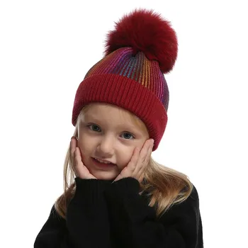Baby Girl berniukas Žiemos Fox Fur Pompom Skrybėlę Vaikams Kašmyro Vilnos Megzti Beanie Spalvų Spausdinimo Skullies Bžūp