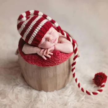 Baby mezgimo Ilgas Uodegas Kalėdų Skrybėlę Naujagimių Fotografijos Rekvizitai Raudona Balta Juostele Nėrimo Baby Hats Kūdikių Rekvizitai Fotografijos