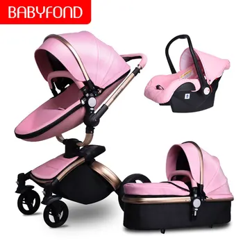 Babyfond prabanga kūdikio vežimėlį, 3 in 1 Mada Vežimo 360 laipsnių sukimosi dvipusis Vežimėlio PU Aliuminio lydinio, Aukso Rėmo Kūdikio Vežimėlis