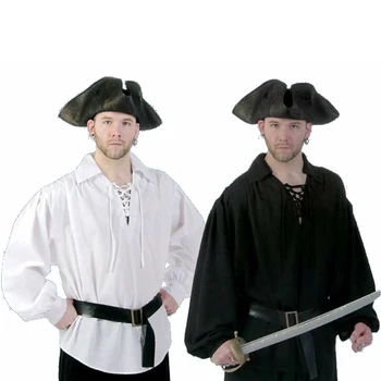 Balta Piratų Shirt, Derliaus Viduramžių Vikingų Kostiumas Juodas Renesanso Palaidinė Viršūnes Kostiumai