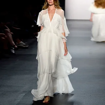 Balta Pynimas Paplūdimio Suknelė Moterų Mados V-kaklo Aukštos Juosmens Ilga Suknelė 2020 Metų Vasaros trumpomis Rankovėmis Asymmetical Suknelės Vestidos