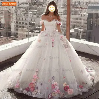 Baltas Kamuolys Suknelė Vestuvių Suknelė Off Peties Abiti Da Sposa 2021 Nėrinių Gėlių Tiulio Boho Nuotakos Suknelės Moterims Ilga Suknia Ślubna