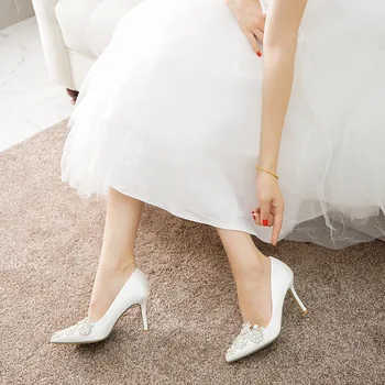 Balti aukštakulniai smailianosiai bauda obcasie crystal satin mažo dydžio moteriški bateliai, suknelė, pokylių batai pamergės vestuvinė suknelė, bateliai