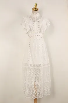 Baltos Spalvos Nėrinių Suknelė Šalis Mielos Moterys Drugelis Rankovės Elegantiškas Gėlių Siuvinėjimas Perlai Ilgos Suknelės Slim Tuščiaviduriai Iš Vasaros Suknelė