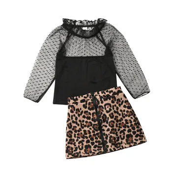 Bamblys Vaikų Mergaičių Drabužius Juoda Nėrinių marškinėliai Topai Leopardas Spausdinti Sijonas Mados Vaikai Patenka Apranga Rinkinys