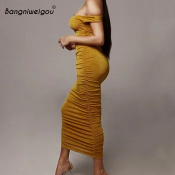 Bangniweigou Elegantiškas Retro Stebėjimo Klostyti Aksomo Sexy Ilga Suknelė Moterims Off Peties Kietas Aksomo Ruched Maxi Suknelė Plius Dydis
