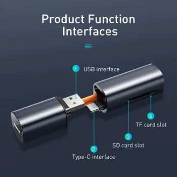 Baseus 2 in 1 Kortelių Skaitytuvas USB 3.0 C Tipas SD Micro SD TF Adapteris, skirtas PC Nešiojamas OTG Cardreader Smart 