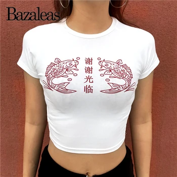 Bazaleas harajuku Mados Apkarpytos T-shirt Streetwear Raudona Sveiki Spausdinti Balta Moterų Marškinėliai Medvilnė Tee Trumpas Rankovės Pasėlių Viršų