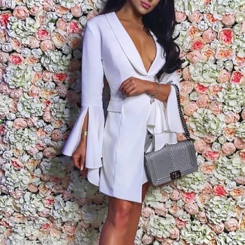 Beateen Seksualus Gilus V Ilgai Blyksnius Rankovėmis Slim Asimetriškas Hem Mini Suknelė 2019 Nauja Moterų Grupė Mygtuką Mados Vestidos Balta
