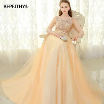 BEPEITHY Scoop Aukso Ilgą vakarinę Suknelę Šalies Elegantiškas Visiškai Rankovėmis 2020 Chalatas De Soiree Zawalcowany Derliaus Prom Dresses Su Diržo 2020 m.