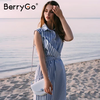 BerryGo Rankovių dryžuotas moterų vasaros suknelė Atsitiktinis apykaklės marškinėliai suknelė office ponios Atostogų prabangus paplūdimio drabužiai ilga suknelė moteris