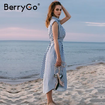 BerryGo Rankovių dryžuotas moterų vasaros suknelė Atsitiktinis apykaklės marškinėliai suknelė office ponios Atostogų prabangus paplūdimio drabužiai ilga suknelė moteris