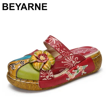 BEYARNE vasaros sandalai natūralios odos batai moterims, storas kulnas, platforma sandalai moterims, šlepetės etninės sandalai