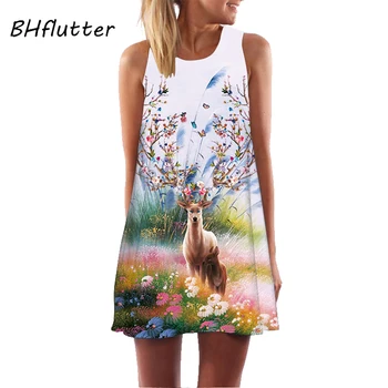 BHflutter Balta Vasaros Suknelė Moterims 2018 Naujas Mados Plunksnų Spausdinti Mielas Boho Suknelė linijos Mini Seksualus Paplūdimio Suknelė Sundress Vestidos
