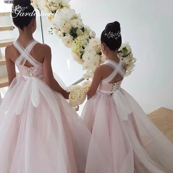 Blizgučiai, Pink Gėlių mergaičių Suknelės Criss-cross Juostelės Vestuvės Dress Lankas Varčias Blizga Garsenybių Suknelės Princesė Suknelė