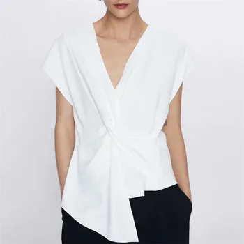 BLSQR Mados Balta Asimetrija Palaidinės Moterims Derliaus Rankovių Apačia Mazgas Moterų Marškiniai Blusas Prašmatnus Viršūnės