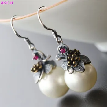 BOCAI Rankomis siuvinėti Gėlavandenių perlų karoliukus, 925 sterlingas sidabro auskarai mažų gėlių derliaus Tailando sidabro auskarai Moterims